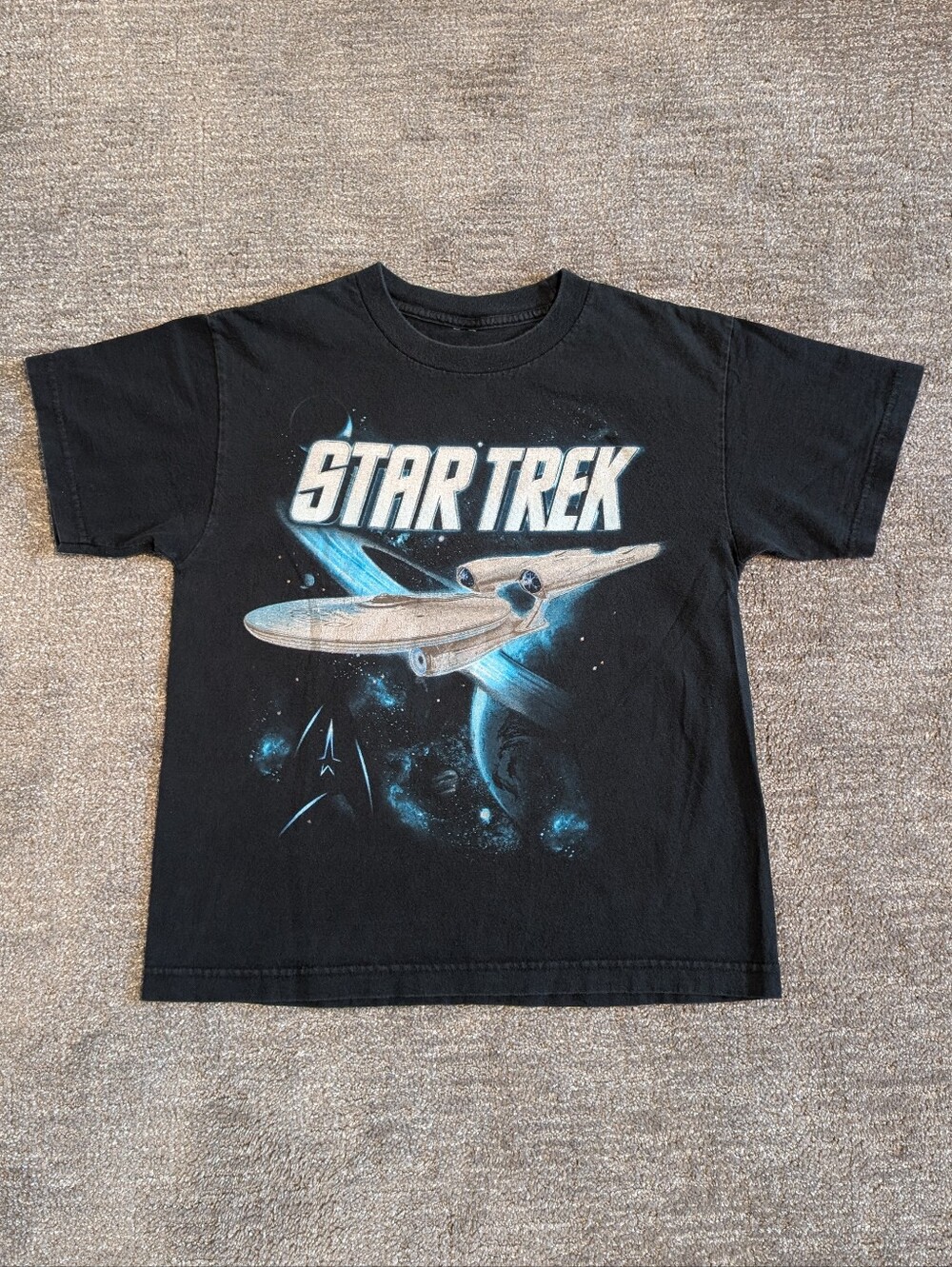 Vtg Star Trek USS Enterprise Black Graphic Tee With Glitter - Kids M/L
